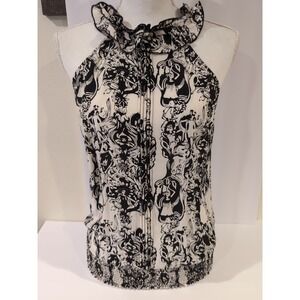 Guess L.A. Womens Black White Graphic Print Halter Top Sz S Ruffle Neck Smocked